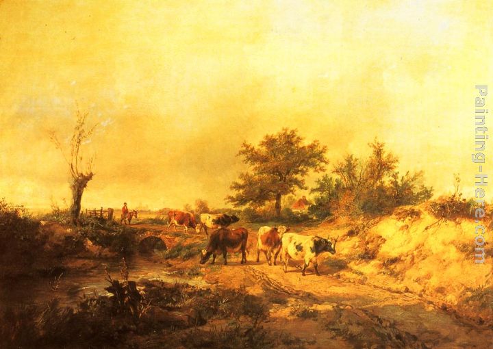 Near Canterbury a Boy on a Donkey driving Cattle along a Road, the Cathedral beyond painting - Thomas Sidney Cooper Near Canterbury a Boy on a Donkey driving Cattle along a Road, the Cathedral beyond art painting